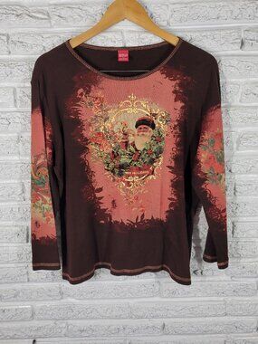 Merry & Bright XL Brown St. Nicholas Christmas Tee Studded Long Sleeve NOV98E